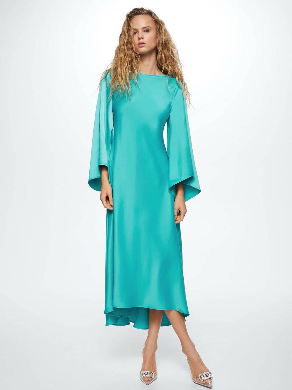 Mango Aqua Satin Maxi Dress with Bell Sleeves